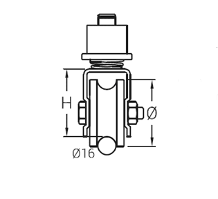 Esquema medidas rueda giratoria canal redondo de 16 mm para puerta corredera